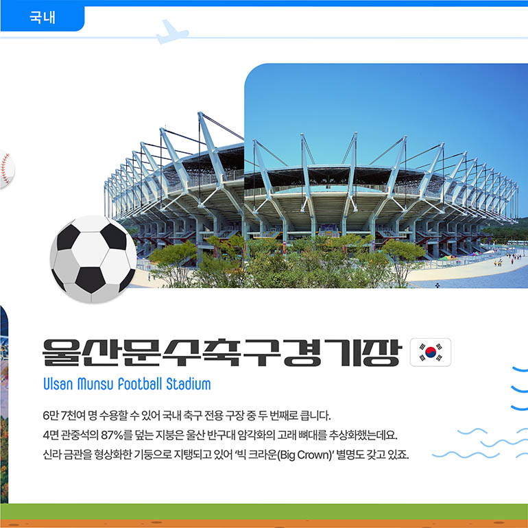 울산문수축구경기장 울산문수축구경기장 Ulsan Munsu Football Stadium 6만 7천여 명 수용할 수 있어 국내 축구 전용 구장 중 두 번째로 큽니다. 4면 관중석의 87%를 덮는 지붕은 울산 반구대 암각화의 고래 뼈대를 추상화했는데요. 신라 금관을 형상화한 기둥으로 지탱되고 있어 ‘빅 크라운(Big Crown)’ 별명도 갖고 있죠.